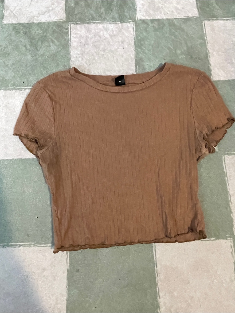 Ribbed Lettuce-Hem Crop Top in Tan